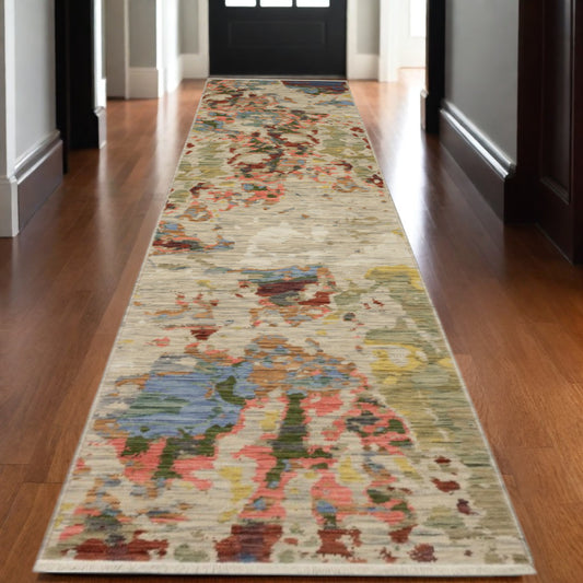 12' Beige Pink And Yellow Abstract Runner Rug With Fringe-0