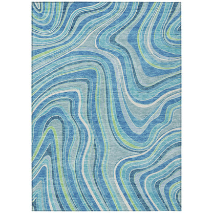 8' X 10' Navy Blue And Denim Blue Abstract Washable Indoor Outdoor Area Rug