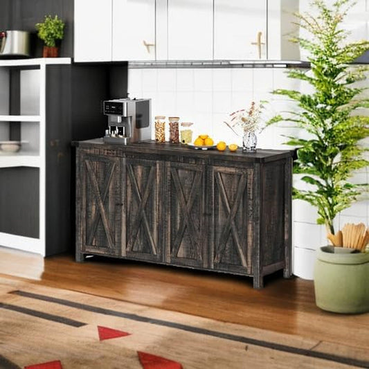 Farmhouse Sideboard Buffet Cabinet with Storage with 4 Doors, 55'' Large Kitchen Storage Cabinet, Wood Coffee Bar Cabinet with Adjustable Shelf for Kitchen, Living Room, Dark Oak