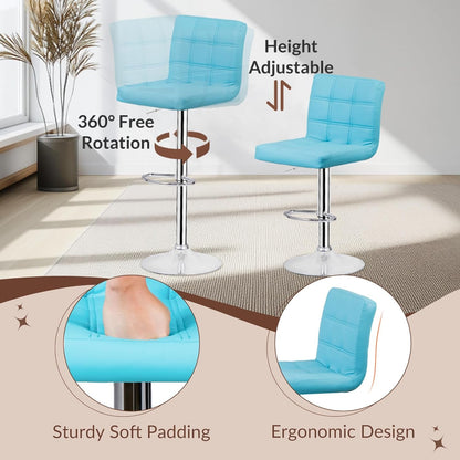 Set of 4 Adjustable Swivel Barstools, Modern PU Leather Kitchen Counter Bar Stools, Square Back Bar Stool (Blue)