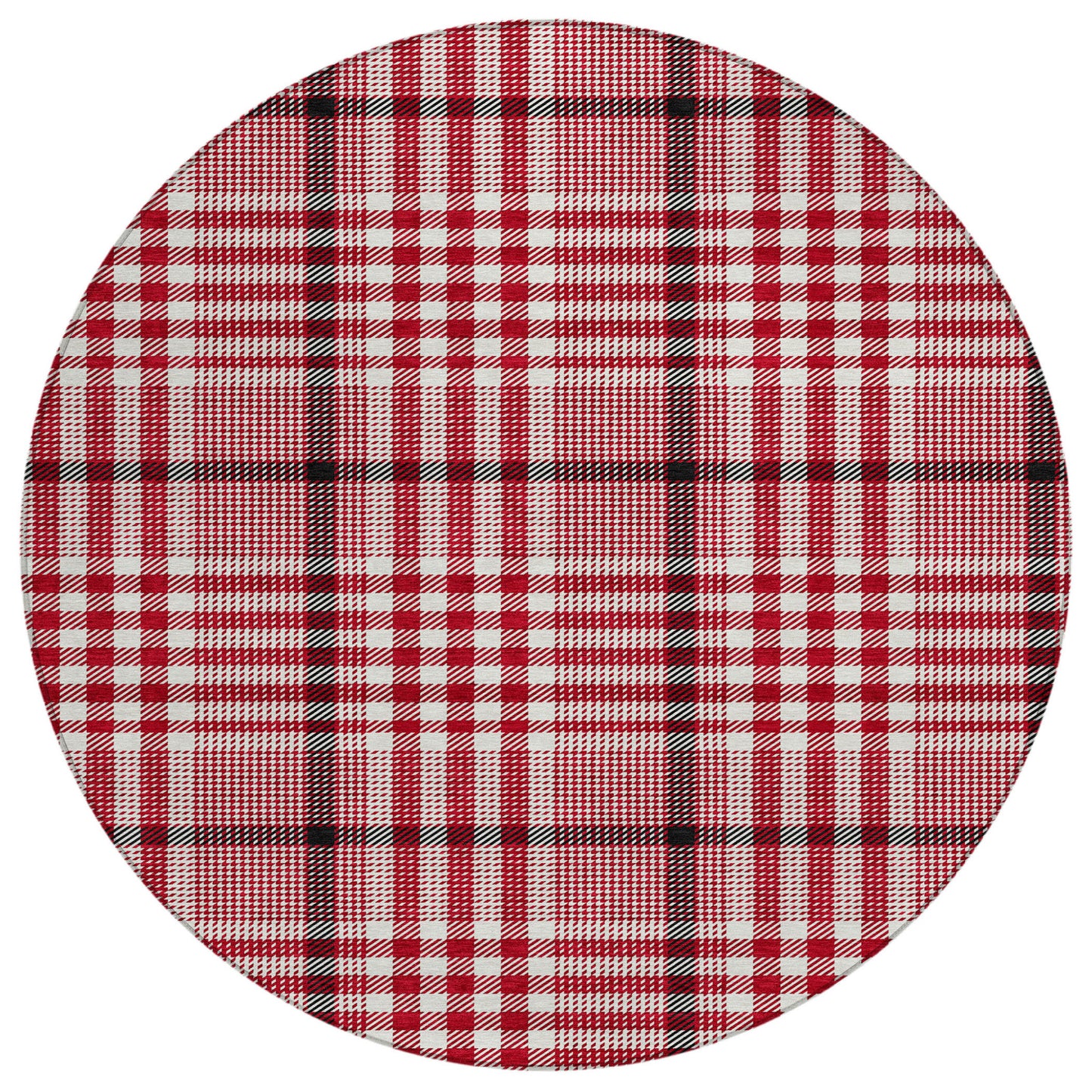 8' Red Black And Ivory Round Plaid Washable Indoor Outdoor Area Rug