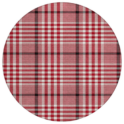 8' Red Black And Ivory Round Plaid Washable Indoor Outdoor Area Rug