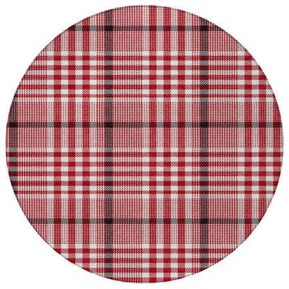 8' Red Black And Ivory Round Plaid Washable Indoor Outdoor Area Rug
