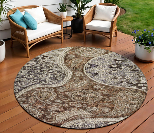 8' Brown Beige And Tan Round Floral Medallion Washable Indoor Outdoor Area Rug-0