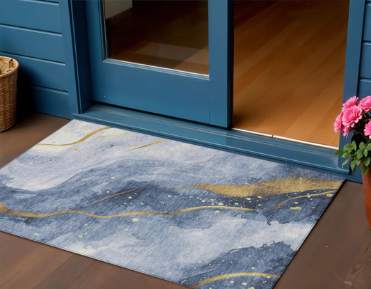 3' X 5' Blue And Gold Abstract Washable Indoor Outdoor Area Rug-0