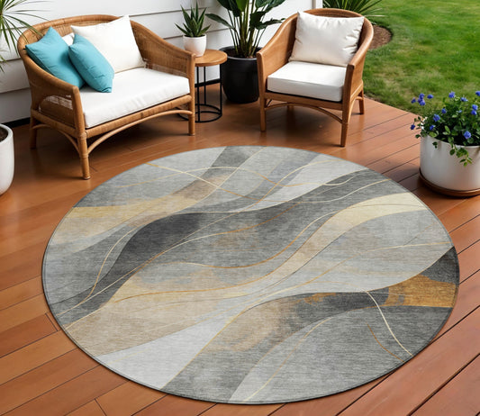8' Gray Silver And Rust Round Abstract Washable Indoor Outdoor Area Rug-0