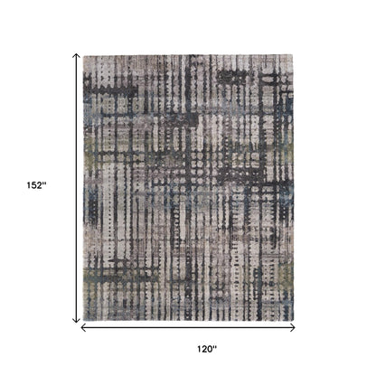 10' X 13' Gray Black And Ivory Abstract Distressed Area Rug