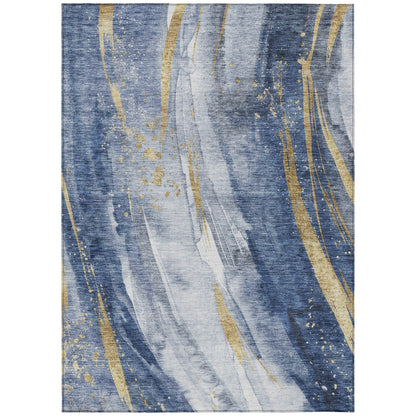 5' X 8' Blue Gold And Ivory Abstract Washable Indoor Outdoor Area Rug
