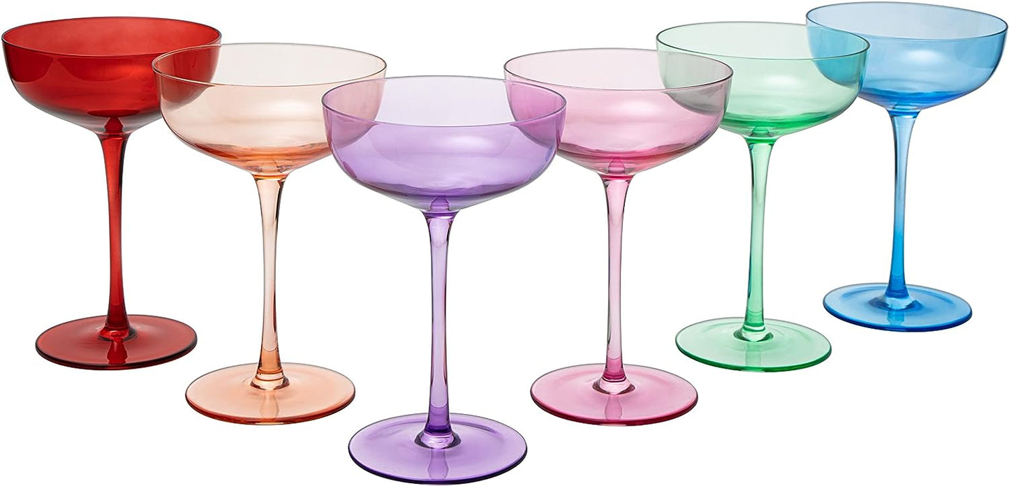 Colored Coupe Glasses | Set of 6 | 7 oz Classic Cocktail Glassware for Champagne, Martini, Manhattan, Cosmopolitan, Crystal Speakeasy Style Goblets Stems, Elegantly Color (Classic Multicolor)