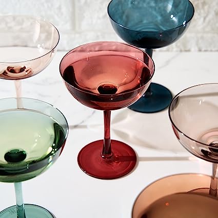 Cocktail & Champagne Coupe Glasses Coupe Cocktail Glasses 7 oz | Set of 6 | Pastel Colored Crystal Cocktail Glassware for Champagne, Martini, Manhattan Goblet Cocktails, Glassware - Luxury Gift Box