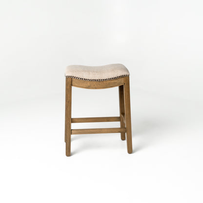 26" Beige and Brown Fabric and Solid Wood Backless Counter Height Bar Chair
