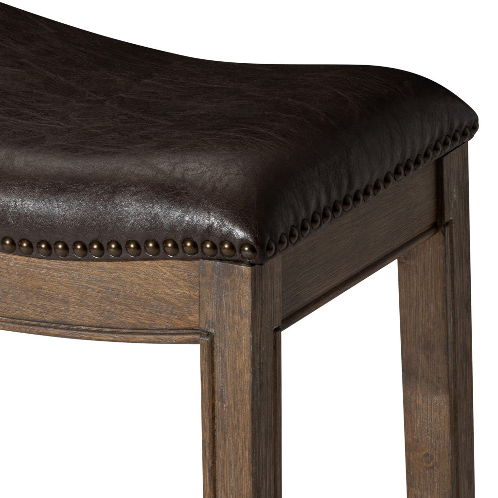 31" Brown Faux Leather and Solid Wood Backless Bar Height Bar Chair