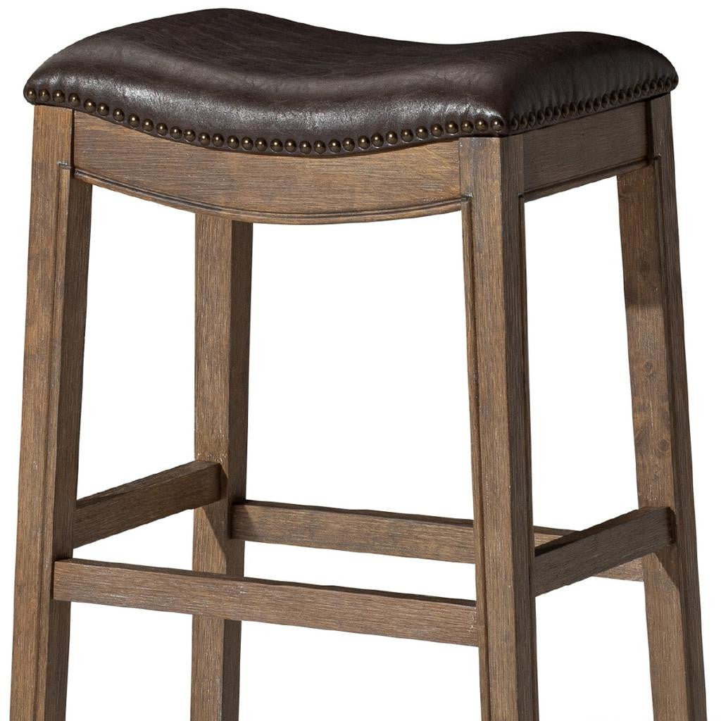 31" Brown Faux Leather and Solid Wood Backless Bar Height Bar Chair