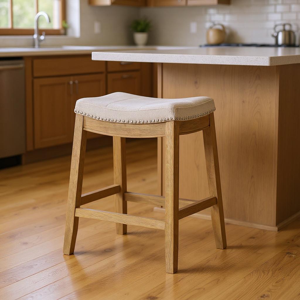 26" Natural Fabric Faux Leather and Solid Wood Backless Counter Height Bar Chair