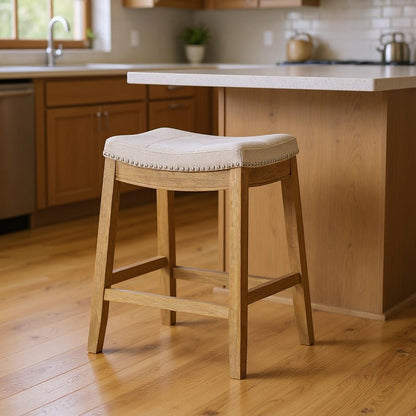 26" Natural Fabric Faux Leather and Solid Wood Backless Counter Height Bar Chair