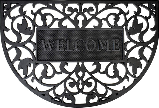24" X 36" Black Scrollwork Welcome Semi Circle Outdoor Rubber Door Mat-0