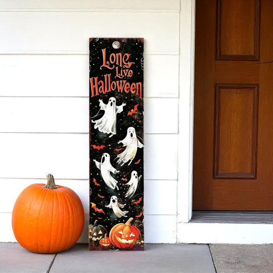 36" Black Orange And White Halloween Ghost Solid Wood Porch Sign-0