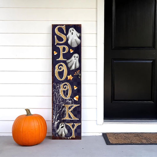 36" Black Gold And Orange Spooky Halloween Ghost Solid Wood Porch Sign-0
