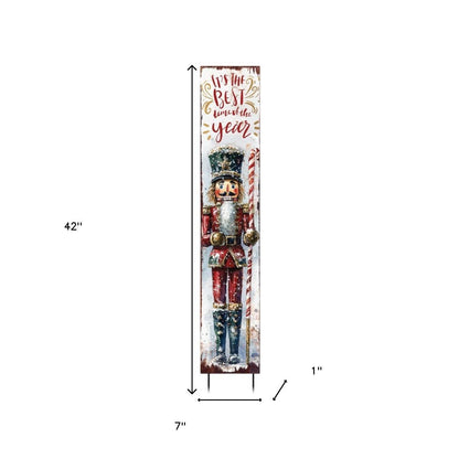 42" Red And White Solid Wood Best Time of Year Christmas Nutcracker Garden Stake