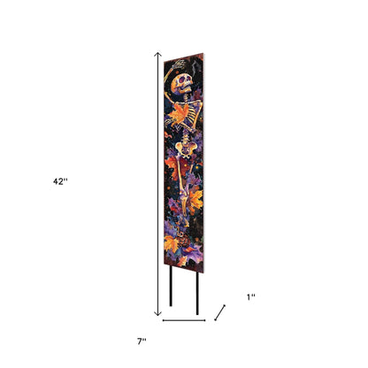42" Black And Orange Halloween Skeleton Solid Wood Garden Stake