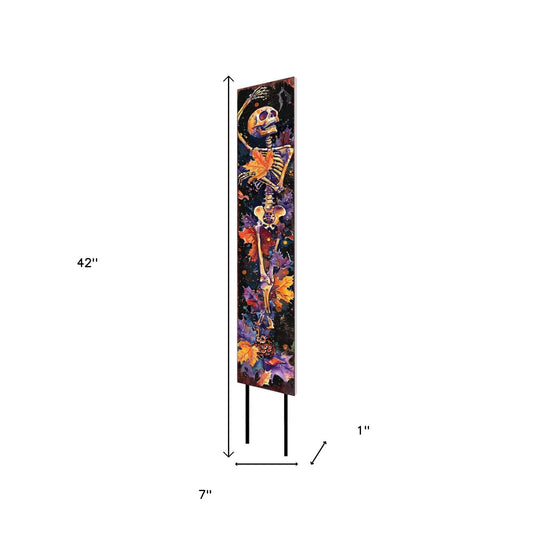 42" Black And Orange Halloween Skeleton Solid Wood Garden Stake