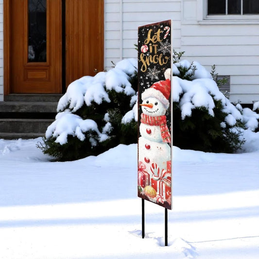 42" Black White Red And Gold Let It Snow Snowman Solid Wood Garden Stake-0