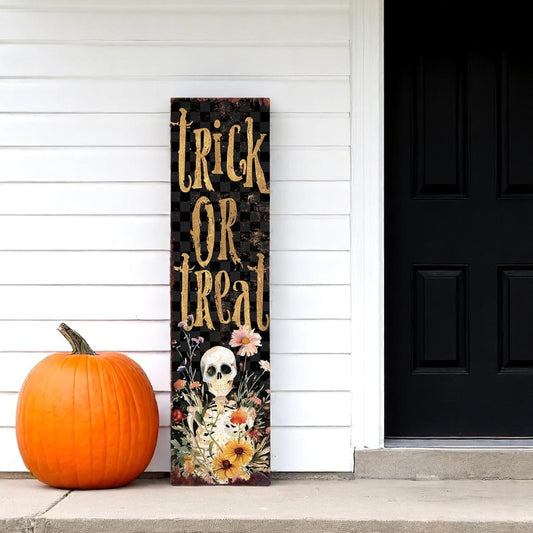 36" Black And Gold Solid Wood Trick or Treat Halloween Skeleton Porch Sign-0