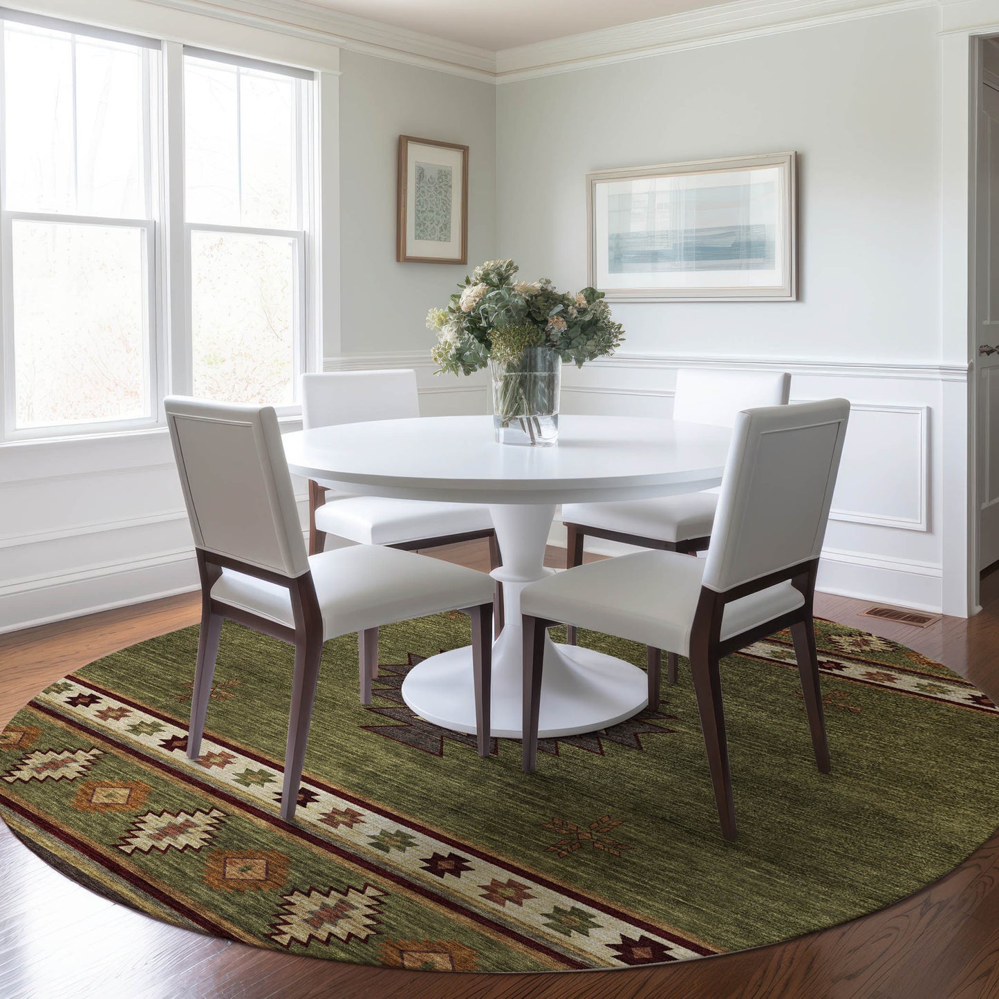 8' Green Beige And Brown Geometric Washable Round Rug With UV Protection
