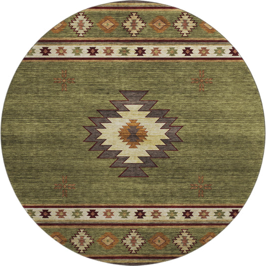 8' Green Beige And Brown Geometric Washable Round Rug With UV Protection