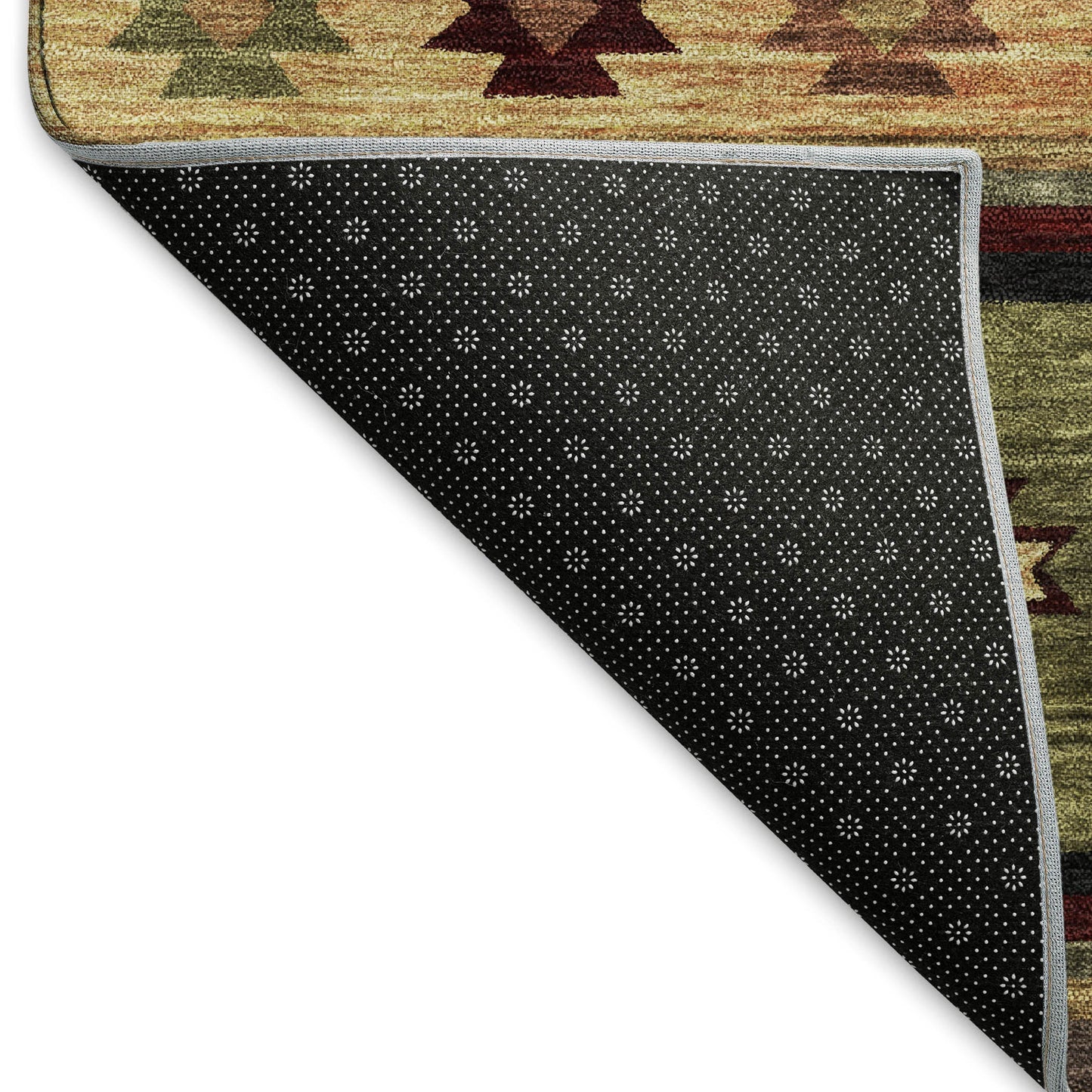 8' Green Beige And Brown Geometric Washable Round Rug With UV Protection