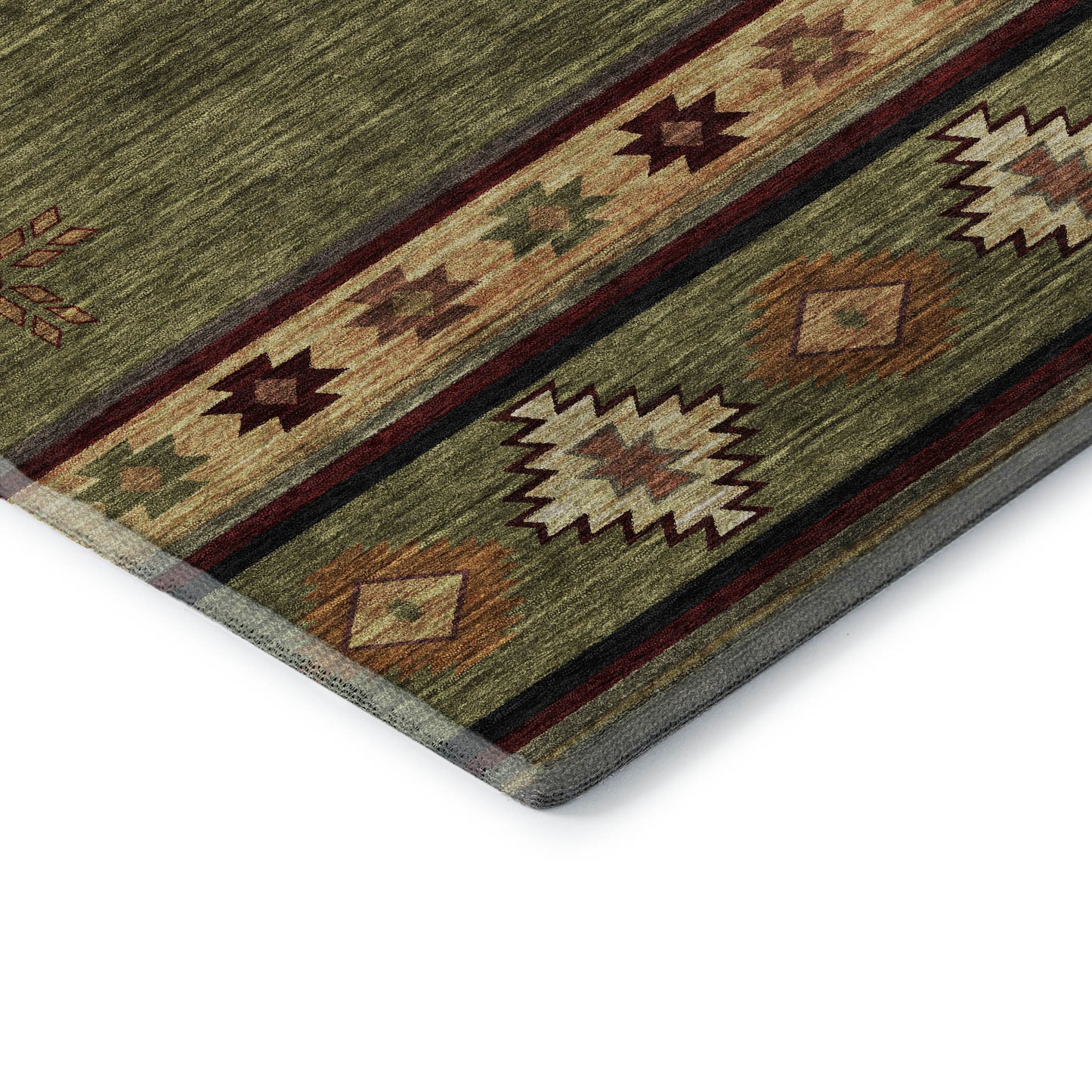 8' Green Beige And Brown Geometric Washable Round Rug With UV Protection