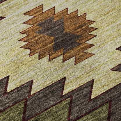 8' Green Beige And Brown Geometric Washable Round Rug With UV Protection