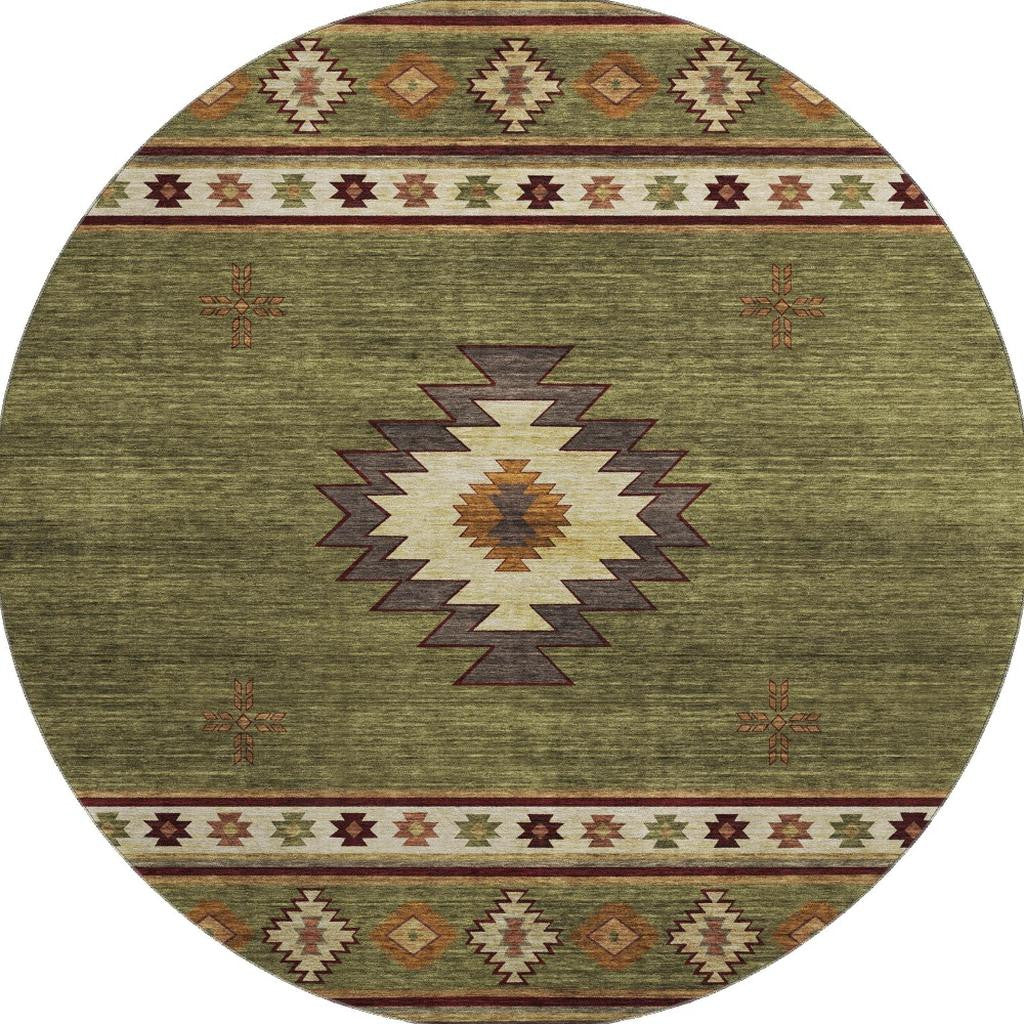 8' Green Beige And Brown Geometric Washable Round Rug With UV Protection