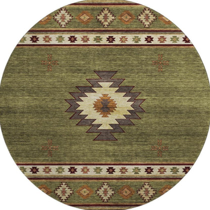 8' Green Beige And Brown Geometric Washable Round Rug With UV Protection