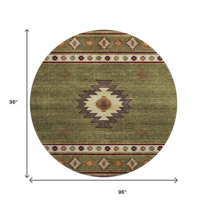 8' Green Beige And Brown Geometric Washable Round Rug With UV Protection