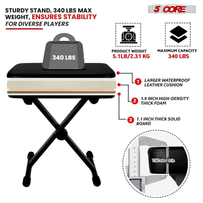 5 Core Keyboard Bench 3" Padded Cushioned Piano Stool Height Adjustable Guitar Seat Folding Portable
