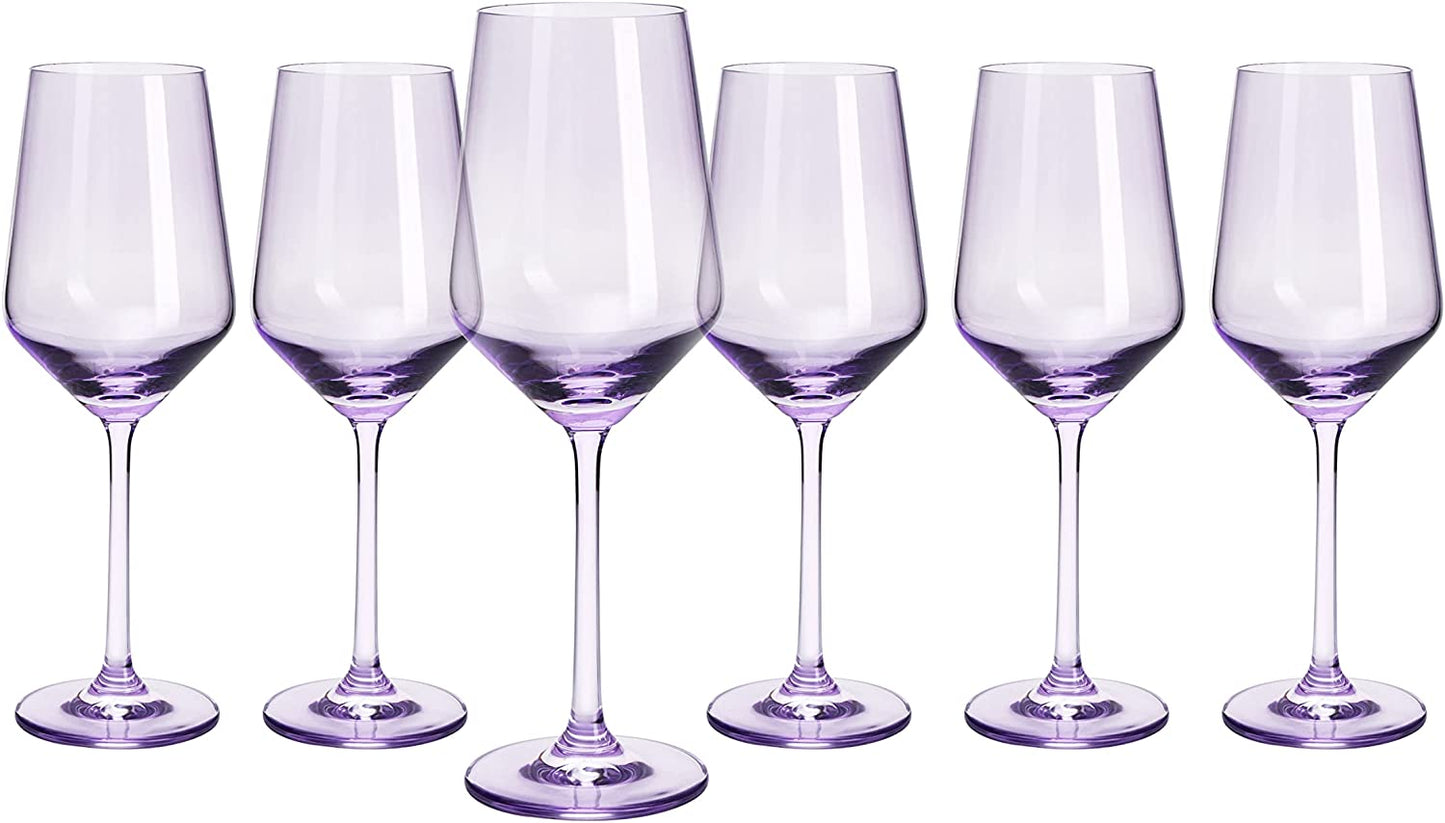 Set of 6 Colored Wine Glasses - 12 oz Hand Blown Italian Style Crystal Bordeaux Wine Glasses - Premium Stemmed Colored Glassware - Unique Drinking Glasses (6, Lavender Purple)