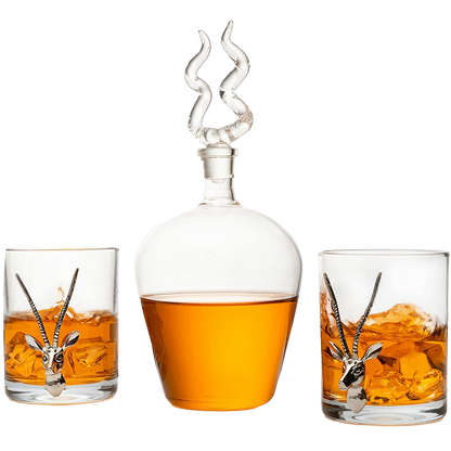 Stag Antler Whiskey Decanter Set 8.5" H with 2 Stag 12oz Glasses - Hunting Liquor Scotch Bourbon Gift for Him by The Wine Savant - Stag Deer Figurine, Hunter Gifts Luxury Decanter 750ml