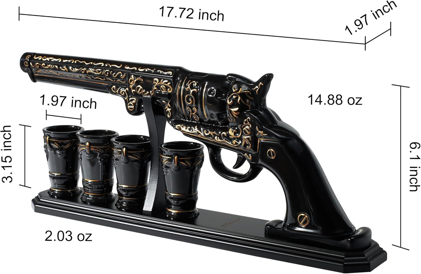 Luxury Black and Gold Pistol Decanter Set & 4 Shot Glasses – Whiskey Decanter for Liquor, Scotch, Bourbon, Vodka – Stylish Barware Gift Set for Men, Brother, Son, Dad, Him, Home Bar for any Occasions