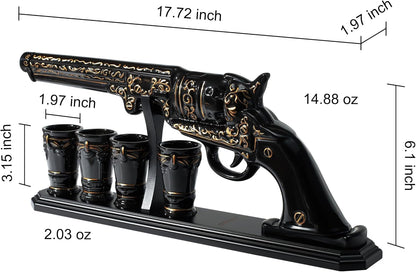 Luxury Black and Gold Pistol Decanter Set & 4 Shot Glasses – Whiskey Decanter for Liquor, Scotch, Bourbon, Vodka – Stylish Barware Gift Set for Men, Brother, Son, Dad, Him, Home Bar for any Occasions