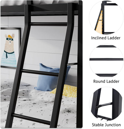 Twin Over Twin Ladder Bunk Bed Black With Guardrail Metal