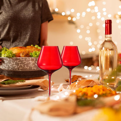 Crystal Christmas Holiday Red Colored Crystal Wine Glass Set of 2, Gift For Hosting, Her, Wife, Mom Friend - Large 20 oz Glasses, Unique Italian Style Tall Drinkware - Red & White, Color Glassware