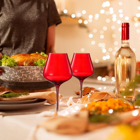Crystal Christmas Holiday Red Colored Crystal Wine Glass Set of 2, Gift For Hosting, Her, Wife, Mom Friend - Large 20 oz Glasses, Unique Italian Style Tall Drinkware - Red & White, Color Glassware