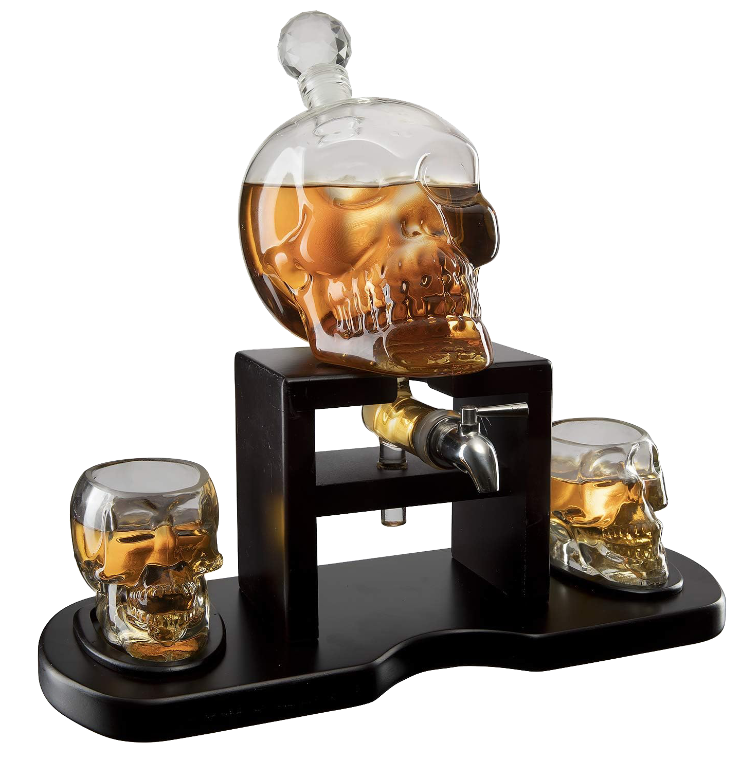 Skull Skeleton Wine & Whiskey Decanter Set 750 mL With 2 Skull 3oz Skeletons Shot Glasses + Mahogany Wooden Base & Pouring Spigot Decor Glass, Goth Spooky Drinking Glassware The Wine Savant
