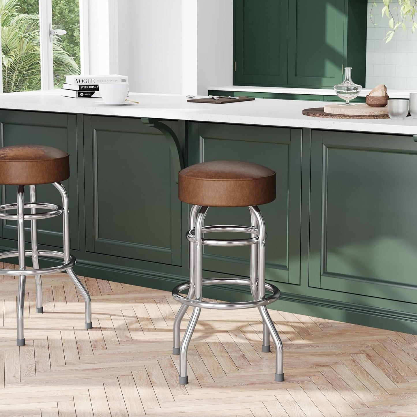 Bruno 2 Pack Double Ring Chrome Barstool with Weathered Brown Seat
