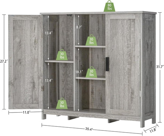 Storage Cabinet with 2 Doors and 4 Adjustable Shelves, Buffet Cabinet with Storage, Floor Cabinet for Living Room, Entryway, Kitchen, Grey