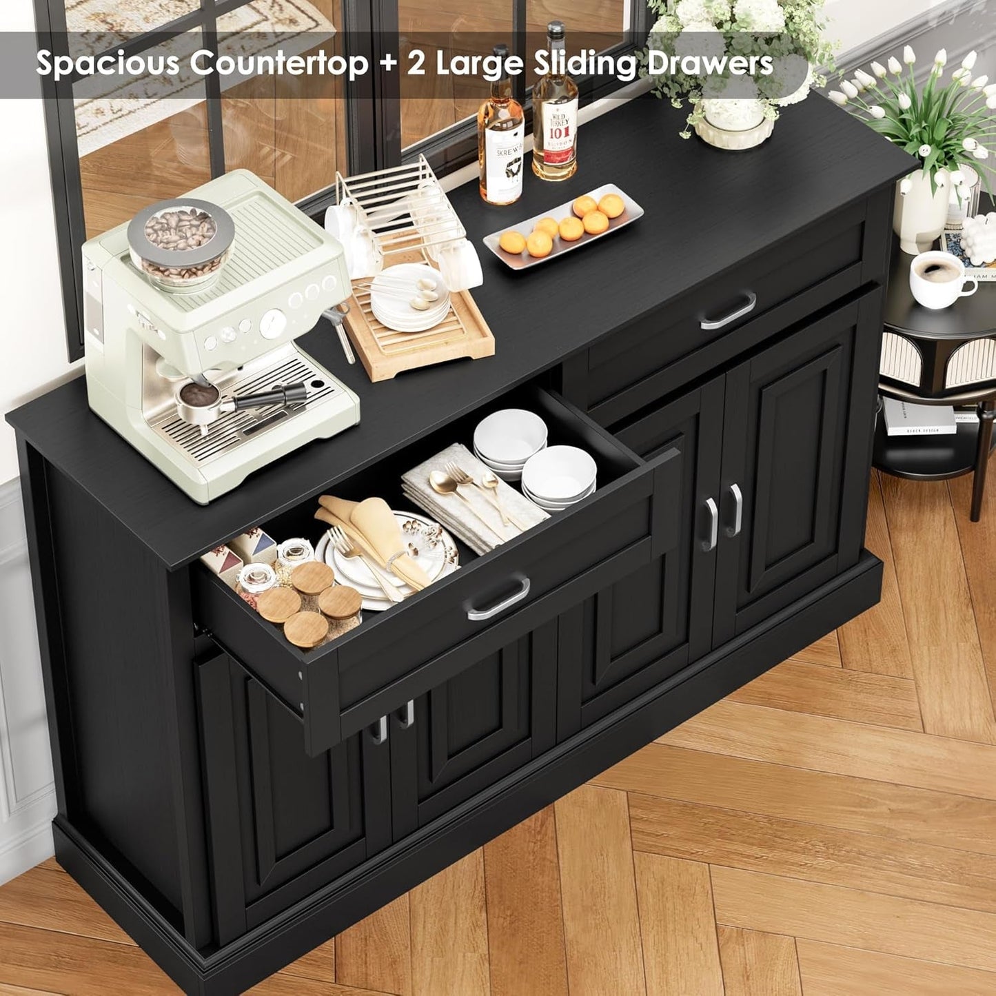 Sideboard Buffet Cabinet with Storage, 55.1" Large Kitchen Storage Cabinet with 2 Drawers and 4 Doors, Farmhouse Coffee Bar Display Cabinet for Kitchen Dining Room, White