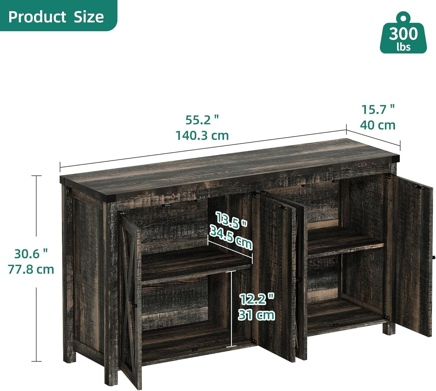 Farmhouse Sideboard Buffet Cabinet with Storage with 4 Doors, 55'' Large Kitchen Storage Cabinet, Wood Coffee Bar Cabinet with Adjustable Shelf for Kitchen, Living Room, Dark Oak