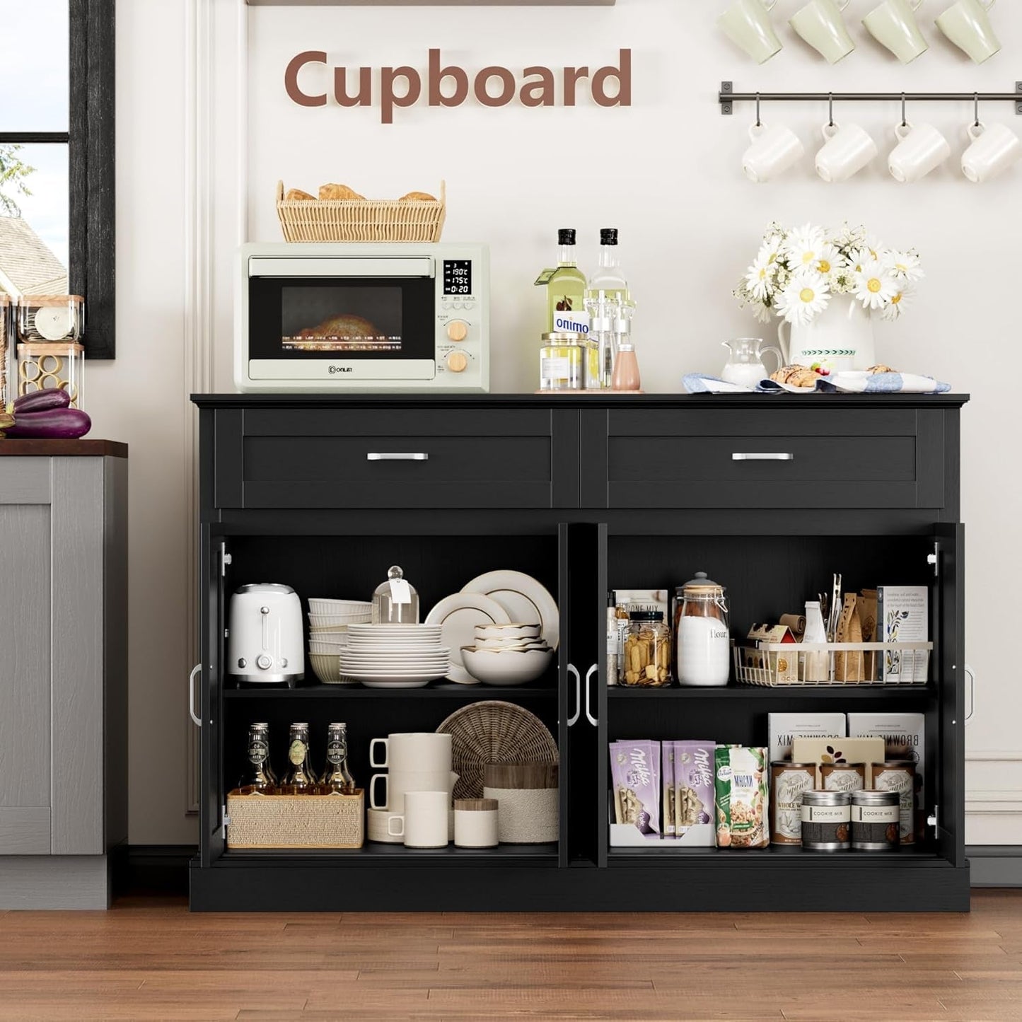 Sideboard Buffet Cabinet with Storage, 55.1" Large Kitchen Storage Cabinet with 2 Drawers and 4 Doors, Farmhouse Coffee Bar Display Cabinet for Kitchen Dining Room, White