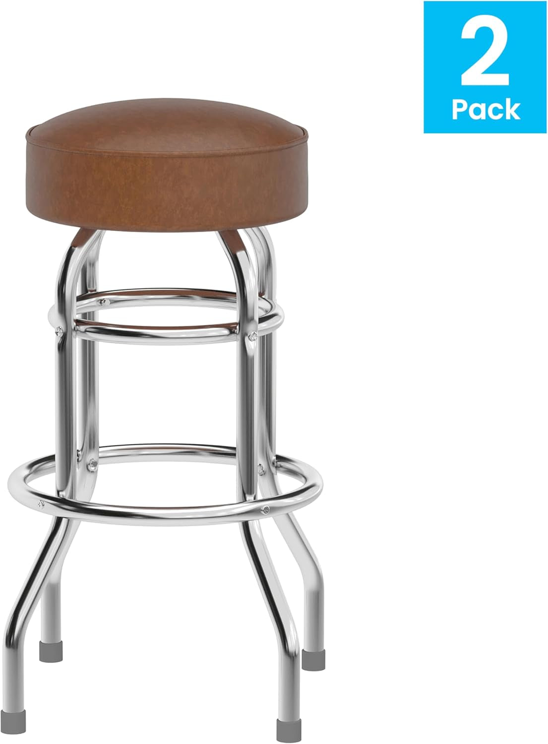 Bruno 2 Pack Double Ring Chrome Barstool with Weathered Brown Seat